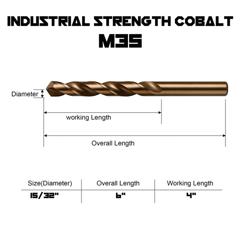 Narwhal 15/32 Inch Cobalt Drill Bits (3 Pack - Industrial Grade M35 Cobalt) 6" Length & 135 Degree Split Point for Drilling Into Metal, Hardened & Stainless Steel, Cast Iron, & More! - Image 2